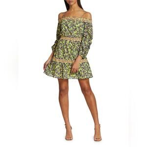 Alice + Olivia Dorothy cotton floral off the  shoulder green dress size 6